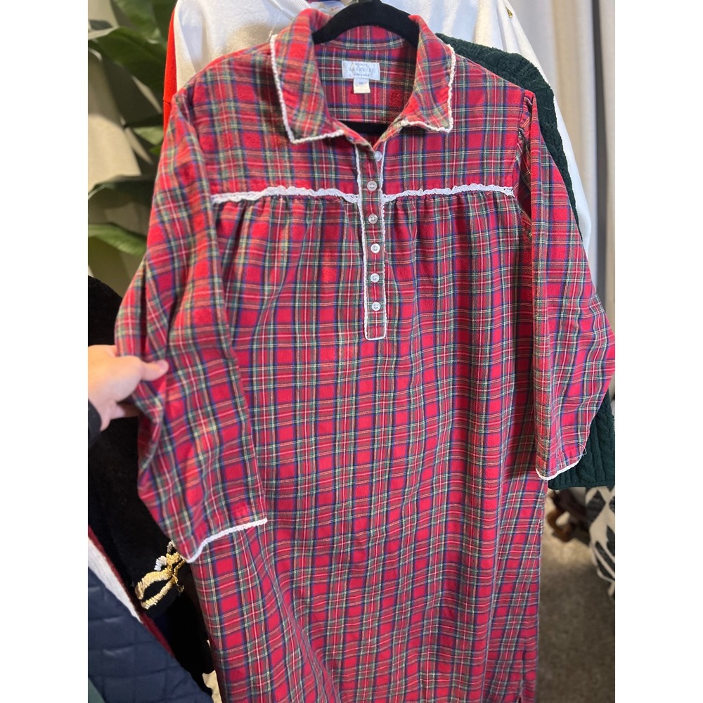 Vintage Lanz of Salzburg Red Tartan Plaid Flannel Nightgown Lace Trim Womens L